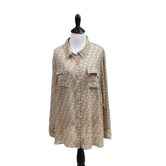 Lane Bryant Tops - Lane Bryant Women's Size 18/20 Button Down Blouse Top Semi Sheer Polka Dot Beige